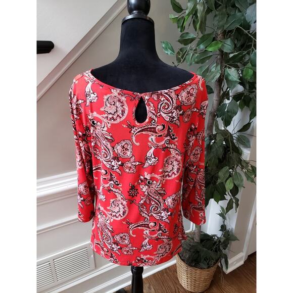 7th Avenue Blouse Women L Red Paisley Stretch Long Sleeve Ruched Cowl Neck Top - Picture 2 of 13